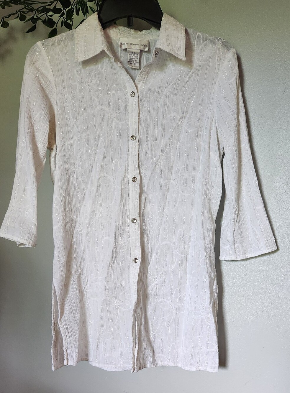 Susan Graver Shimmer Metallic White Button-Down Summer Shirt
